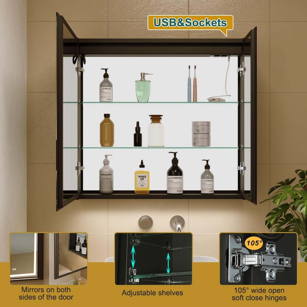 KWW LED Lighted Bathroom Medicine Cabinet with Backlit Panel, Sockets & USBs. Anti-Fog, Dimmable, 3 Color Light Makeup Mirror, Easy to Install, Wall Mounted (Inner Glow-2 door-30 * 28)