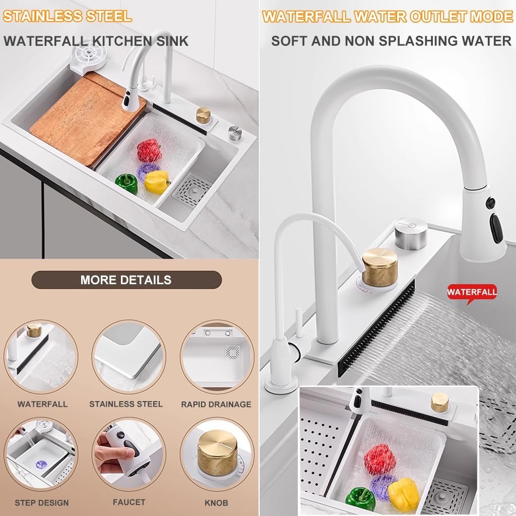 Single Bowl Waterfall Sink Stainless Steel Multi-functional Kitchen Sink White Nano-Coated Workstation Sink with Pull-Out Faucet,Drain Basket,Cup Washer (Color : White, Size : 68x45x22cm) (White 6