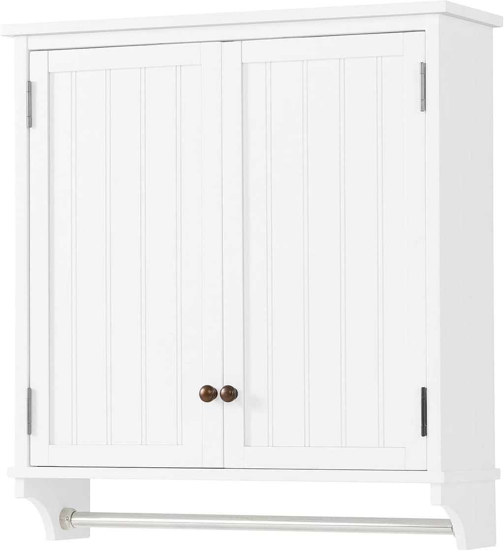 Dover 27' x 29' Wall Mounted Bathroom Storage Cabinet with Shaker Beadboard Doors, Two Adjustable Shelves and a Towel Bar – White Wall Cabinet for Bathroom, Laundry, or Entryway by Alaterre Furniture