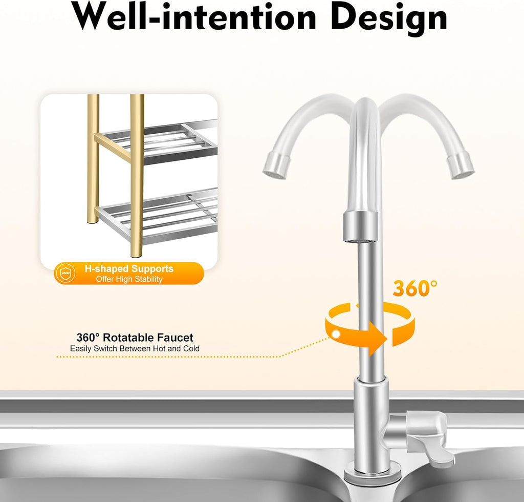 Free Standing Stainless Steel Commercial Sink Set, 47 Inch Double Bowl Utility Sink with Triple Storage Shelves, Worktable, Faucet & Drainboard for Restaurant Kitchen Laundry Garage