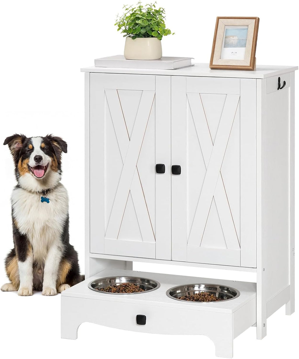 HOOBRO Dog Feeding Station with Feeding Bowls, Pet Organizer Cabinet with Storage and Hooks, Pet Feeding Station with Sliding Drawer and 2 Hidden Bowls for Dog & Cat, White WT12PO03G1