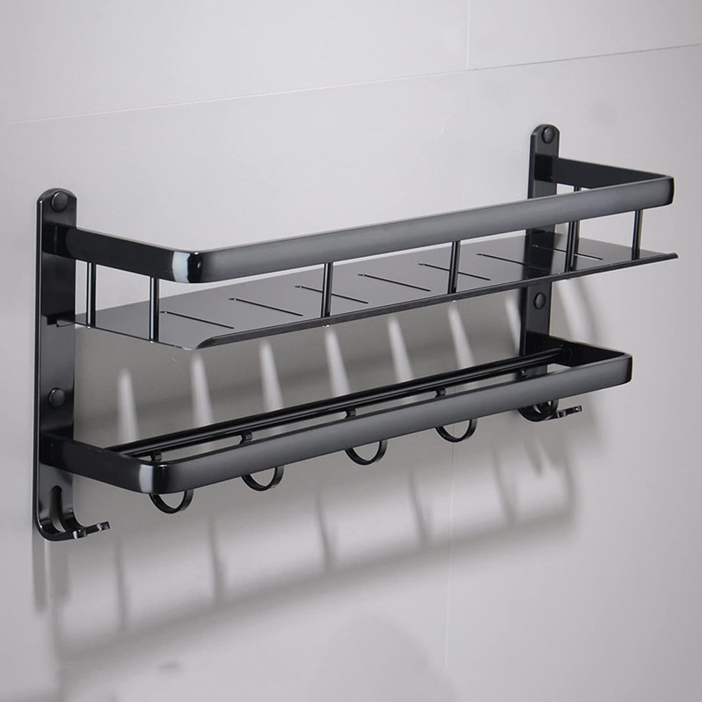 TOMYEUS Bathroom Shelf Floating Shelves Wall Mounted，Bathroom Shelf with Rail,with Towel Bar and Towel Hooks，Strong Black Metal Frame Bathroom Wall Shelves (Size : 60 cm Long)