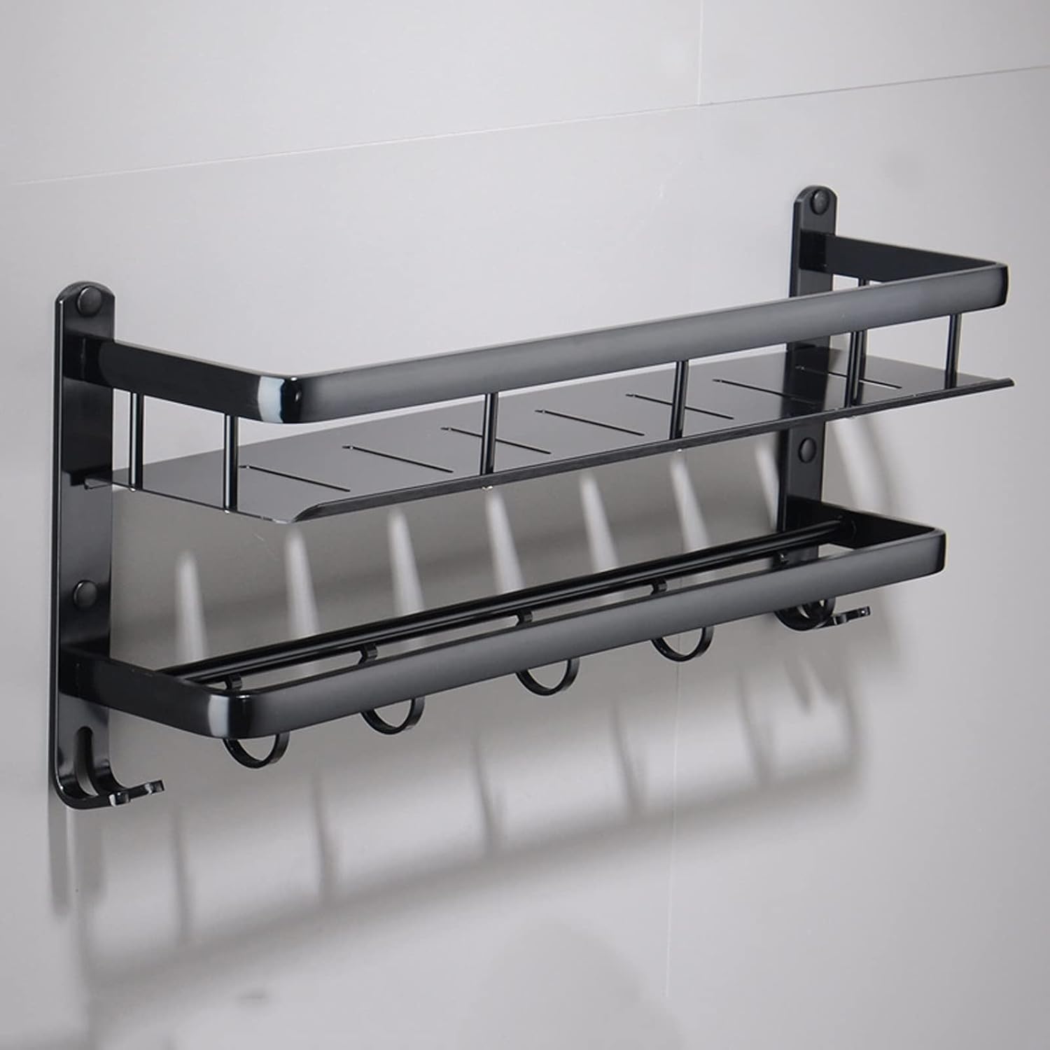 TOMYEUS Shower Caddy Bathroom Shelf Floating Shelves Wall Mounted，Bathroom Shelf with Rail,with Towel Bar and Towel Hooks，Strong Black Metal Frame Shower Organizer (Size : 50 cm Long)
