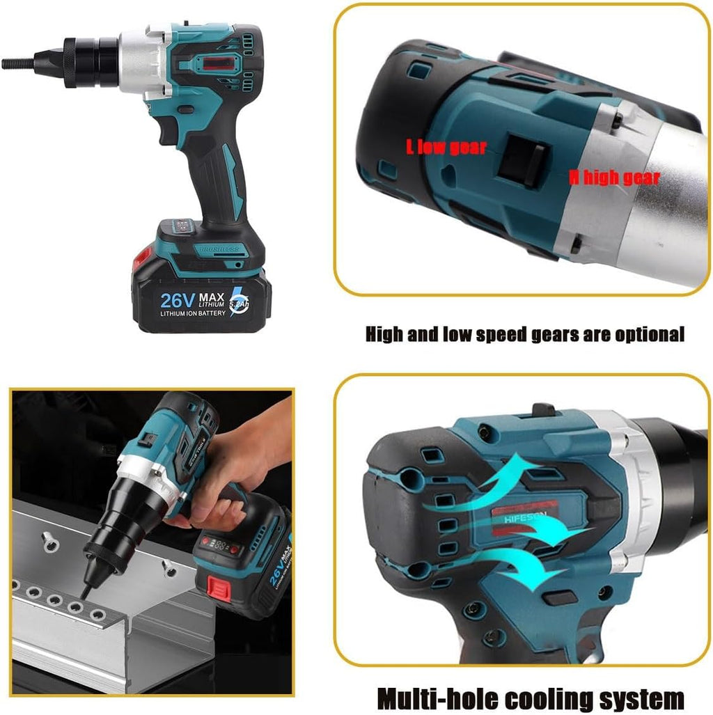 26V Portable Battery Powered Riveter, 2-in-1 Cordless Rivet Nut Gun Set, Battery Powered Pop Rivet Insert Installation Tool, Electric Rivet Nut Gun for M3 M4 M5 M6 M8 M10 M12(2200mAh,2Battery)