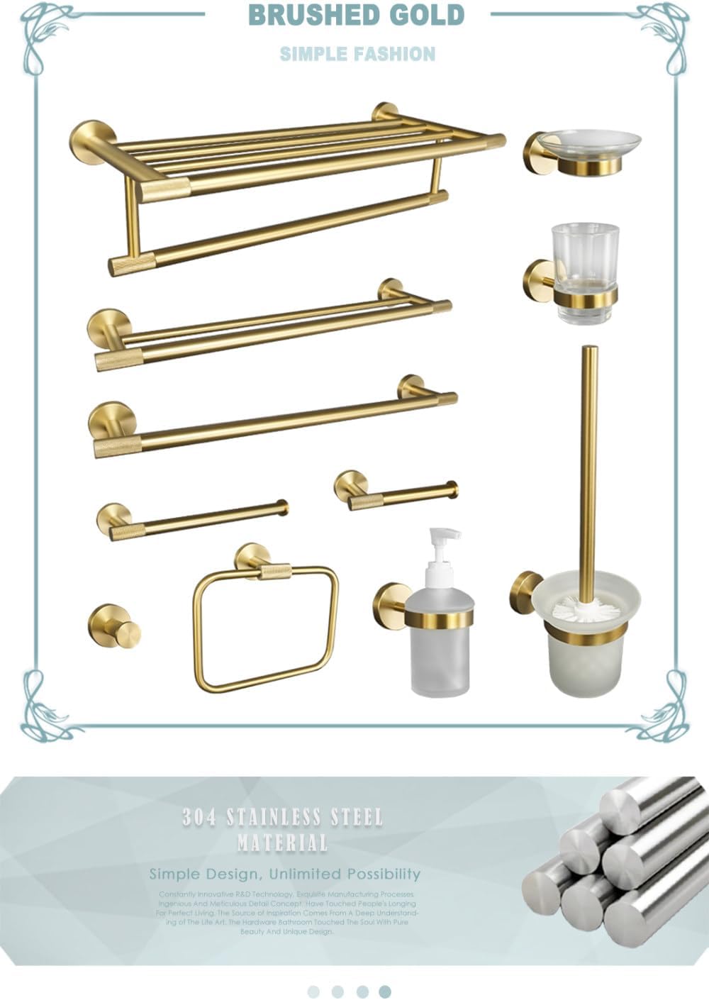 Brushed Gold Bathroom Accessories Set Toilet Tissue Roll Paper Holder Towel Rack Bar Rail Ring Robe Clothes Hook Hardware,4 Pieces Set