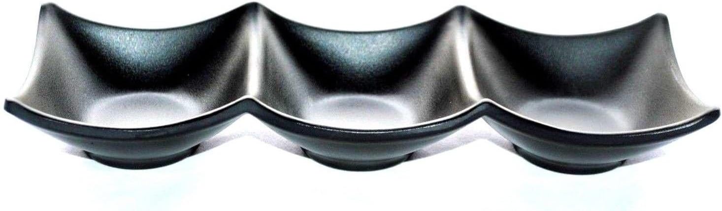Lucky Star Melamine 3-Compartment Divided Soy Sauce Dishes Wasabi Sushi Sashimi Rectangular Plastic Dipping Plates, 7-7/8' X 2-3/4', Black (80)