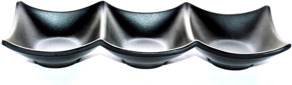 Lucky Star Melamine 3-Compartment Divided Soy Sauce Dishes Wasabi Sushi Sashimi Rectangular Plastic Dipping Plates, 7-7/8' X 2-3/4', Black (40)