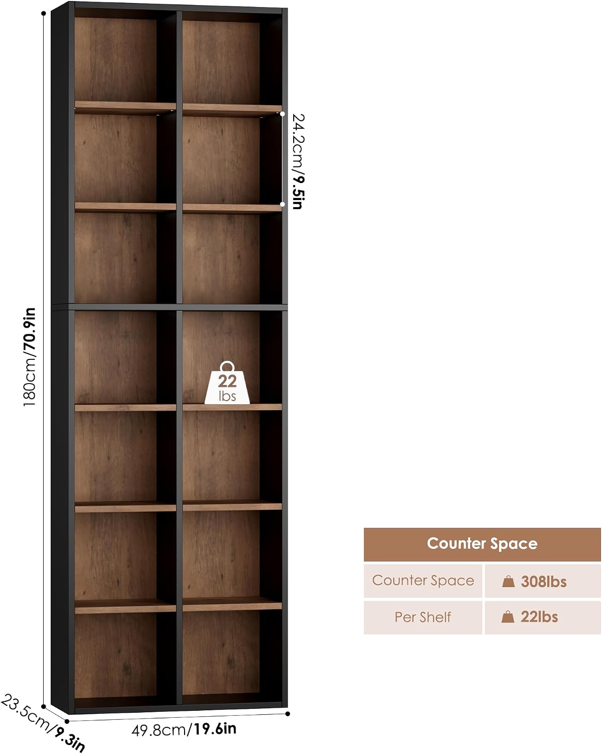FOTOSOK 71'' Tall Bookshelf Set of 2, 7 Tier Large Bookshelf with Adjustable Shelves, Wide Bookcases and Bookshelf, DVD/CD Media Tower Storage, Cube Book Shelf Display Shelf Cabinet, Black/Brown