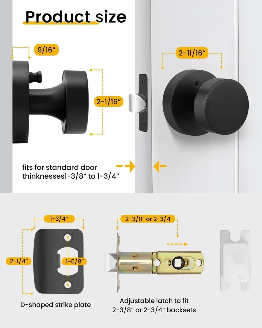 Goldenwarm Black Door Knobs Interior, Zinc Alloy Matte Black Privacy Door Knob, Interior Door Knobs for Bathroom, Bedroom Door Knob, Heavy Duty Round Ball (5 Pack)