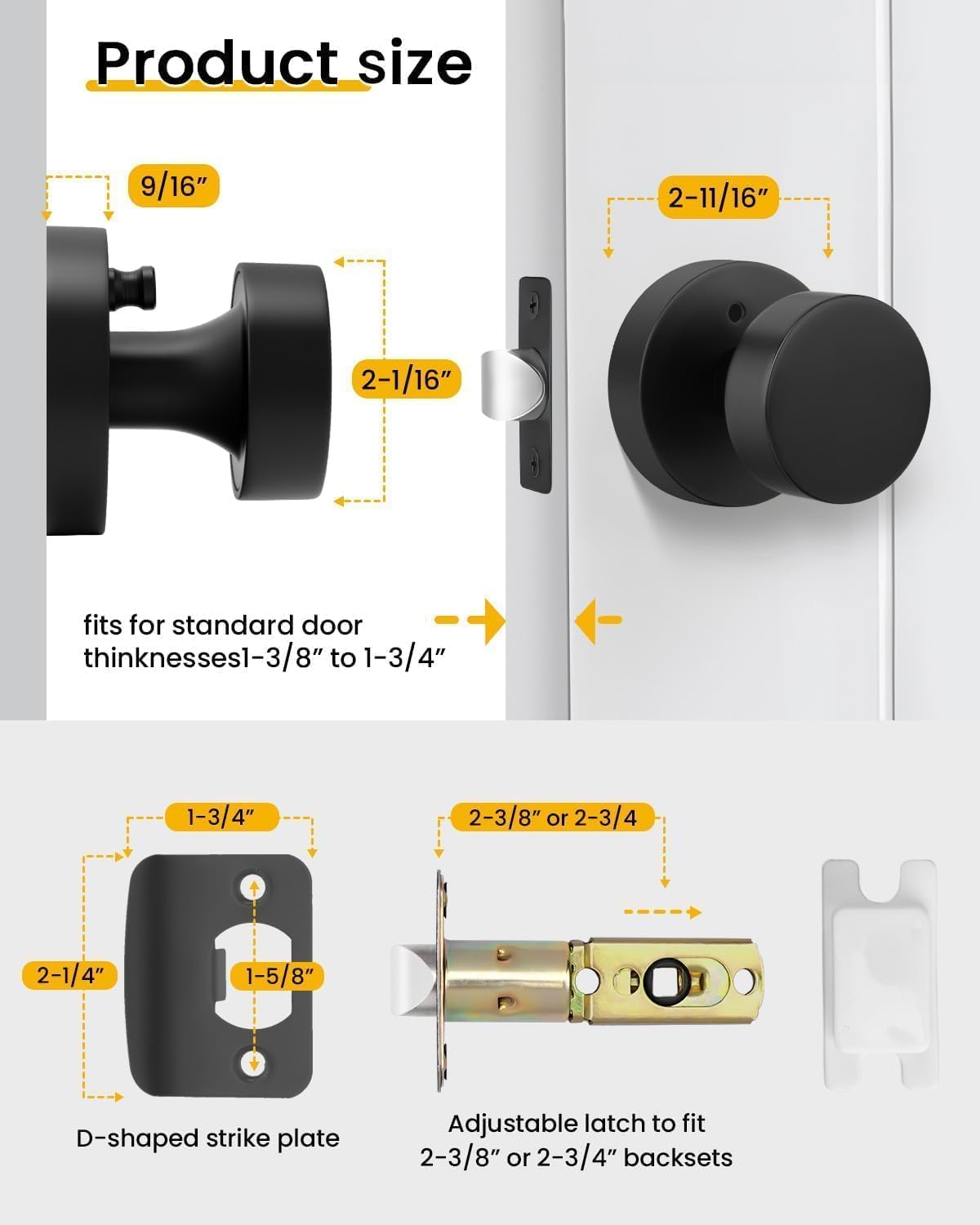 Goldenwarm Black Door Knobs Interior, Zinc Alloy Matte Black Privacy Door Knob, Interior Door Knobs for Bathroom, Bedroom Door Knob, Heavy Duty Round Ball (5 Pack)