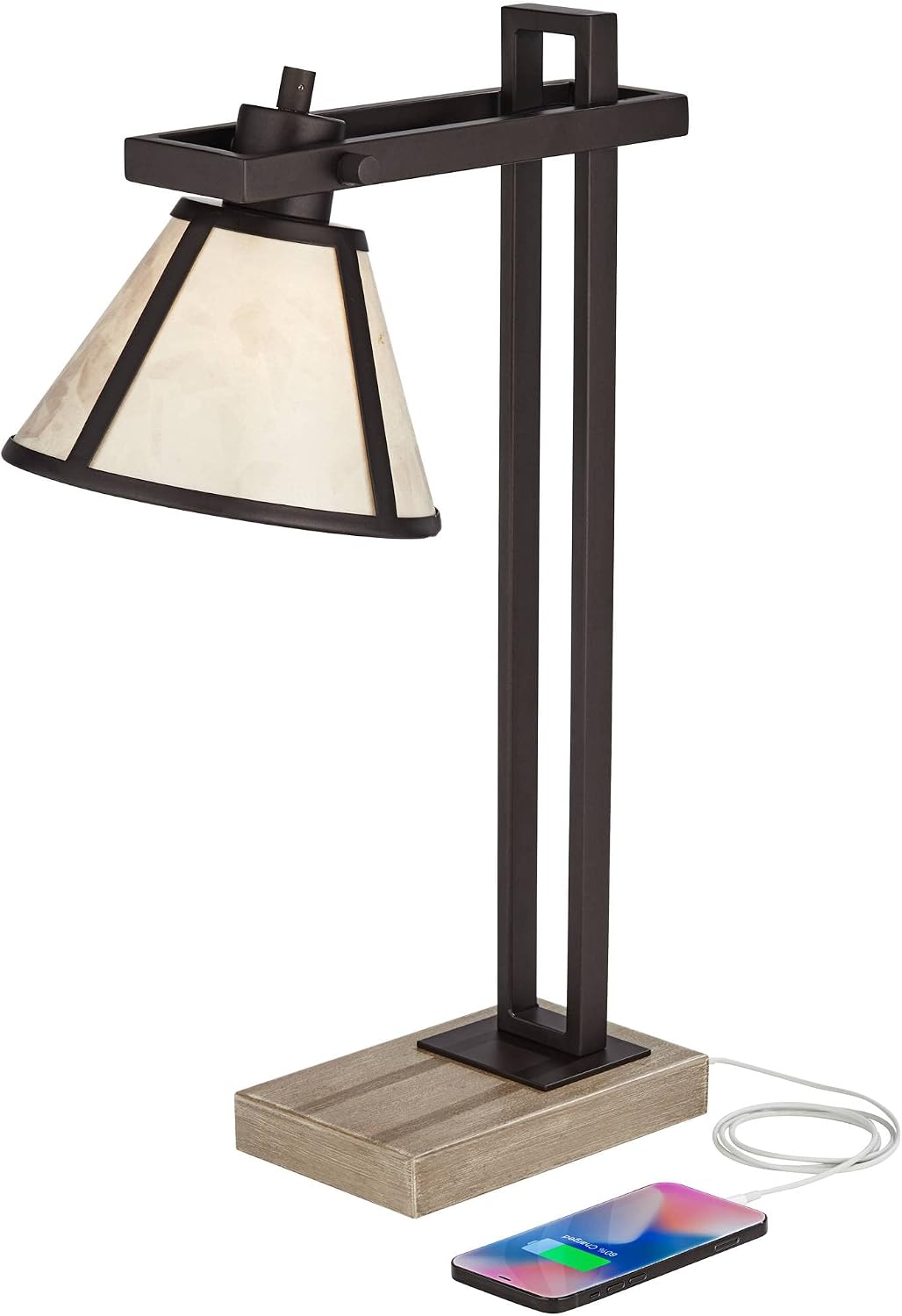 Franklin Iron Works Maricopa Rustic Farmhouse Desk Table Lamp with USB and AC Power Outlet in Base 21.25' High Bronze Wood Mica Shade for Cottage Core Living Room Bedroom House Bedside Nightstand