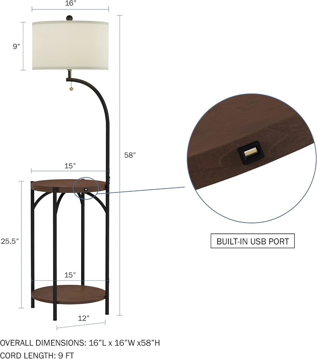 Floor Lamp with End Table - Modern Rustic Side Shelves with USB Charging Port, LED Light Bulb, and Drum-Shaped Shade - Standing Lights by Lavish Home