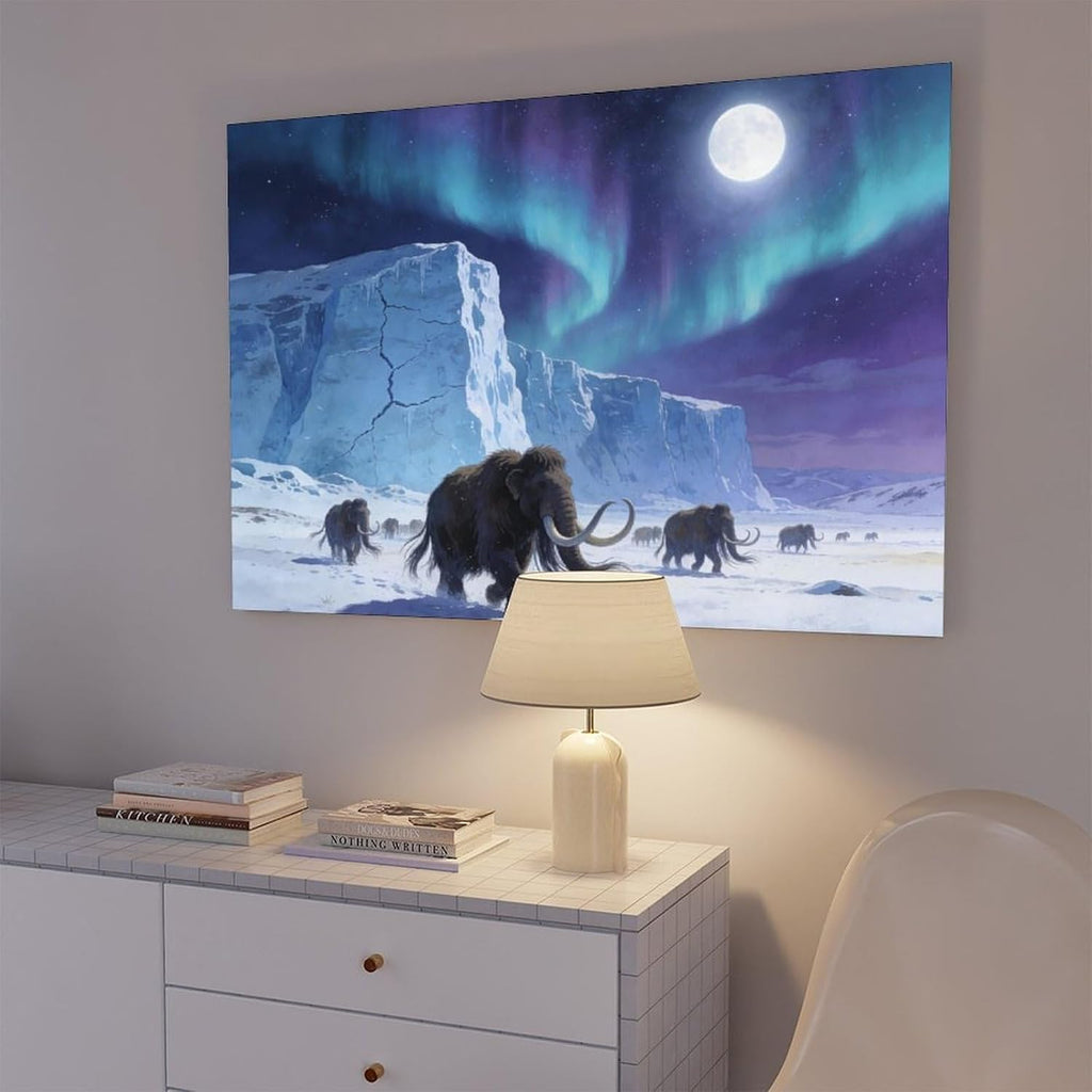 Aurora Mammoth Wall Art Print, Ice Age Prehistoric Scene Under Northern Lights And Full Moon, Fantasy Winter Poster 24x36inch(60x90cm)
