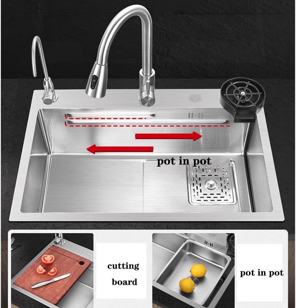 Kitchen Sinks, Single Bowl Vegetable Basin Single Bowl Sink Home Kitchen Stainless Steel Sink Double Steps Washisink Countertop Basin (68 * 45 * 22Cm