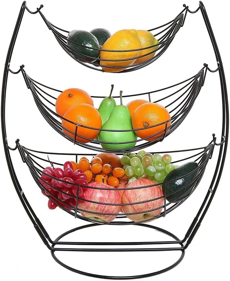 3 Tier Black Triple Hammock Fruit Vegetables Produce Metal Basket Rack Display Stand