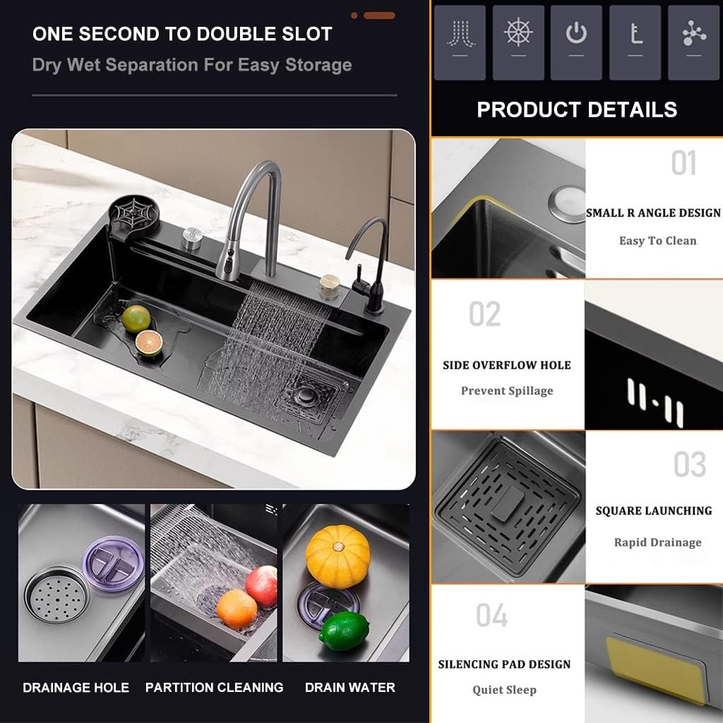 Single-Bowl Sink with Waterfall Pull-Down Faucet and Complete Accessory Set Versatile Stainless Steel Kitchen Workstation Sink (Color : Black, Size : 68x45x22cm) (Black 75x45x22cm)