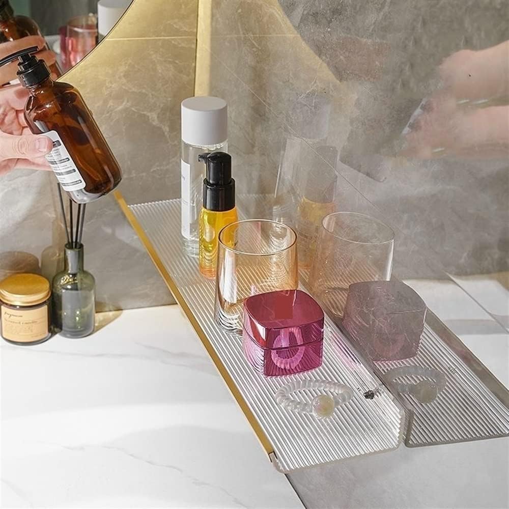 Multi-Functional Floating Corner Shower Shelf | Drill-Free Wall-Mounted Acrylic Mirror Organizer for Bathroom Essentials(Size:50CM,Color:A)