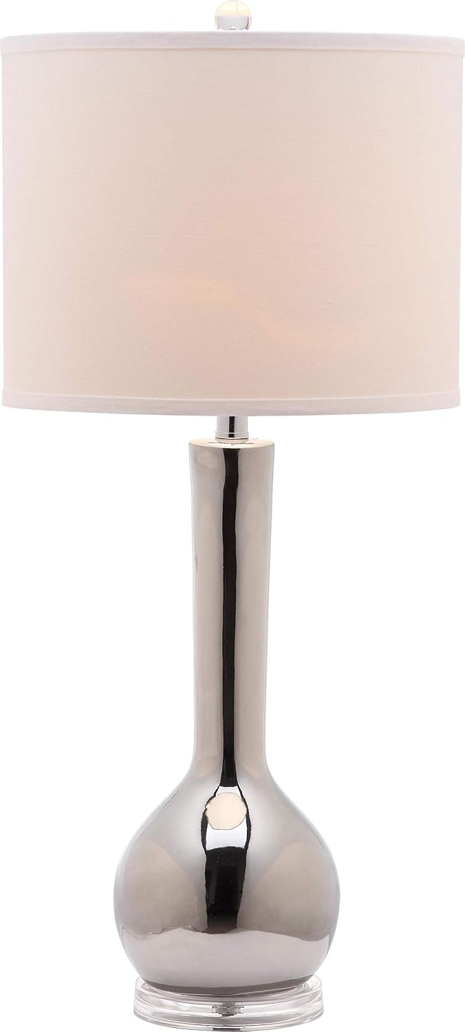 SAFAVIEH Lighting Collection Mae Long Neck Modern Contemporary Silver Ceramic 31-inch Bedroom Living Room Home Office Desk Nightstand Table Lamp Set of 2 (LED Bulbs Included)