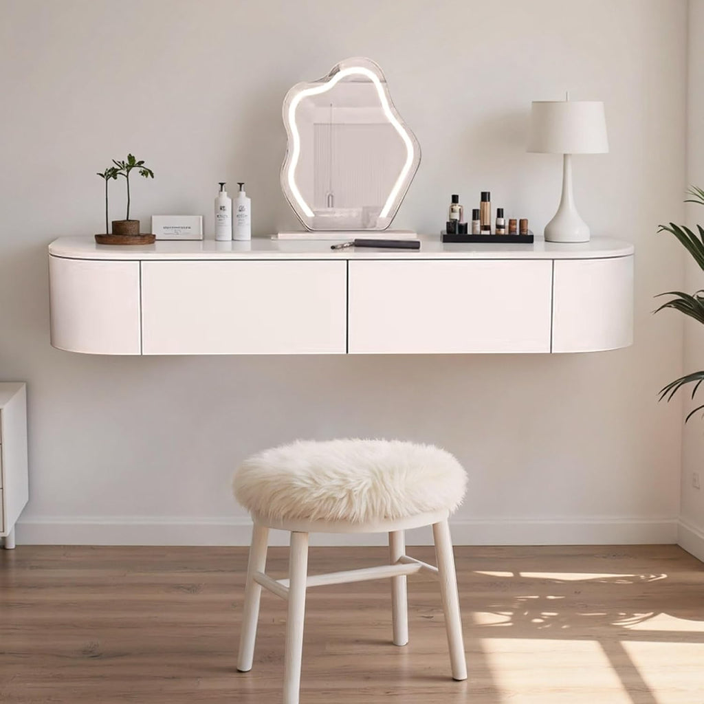 Corner Floating Desk with Drawers, Floating Vanity Makeup Table, Small Wall Mounted Floating Dressing Table Wall Storage Set, Wood Floating Shelf with Drawers, Modern White Vanity with Lighted Mirror(