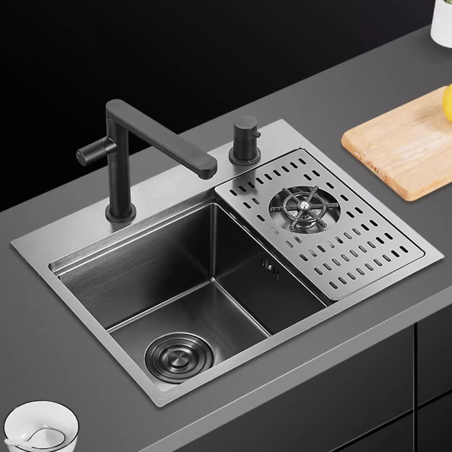 Black Bar Sink with Cup Washer Kitchen Single Bowl Sink with Cover Stainless Steel Sink Coffee Shop Sink Three-in-one Faucet (