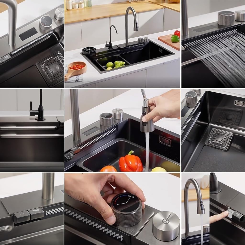Stainless Steel Kitchen Waterfall Sink with LED Display -Coated Workstation Sink with Pull-Out Faucet and Cup Washer Household Single Bowl Sink with Accessories (Size : 80x46x22cm)