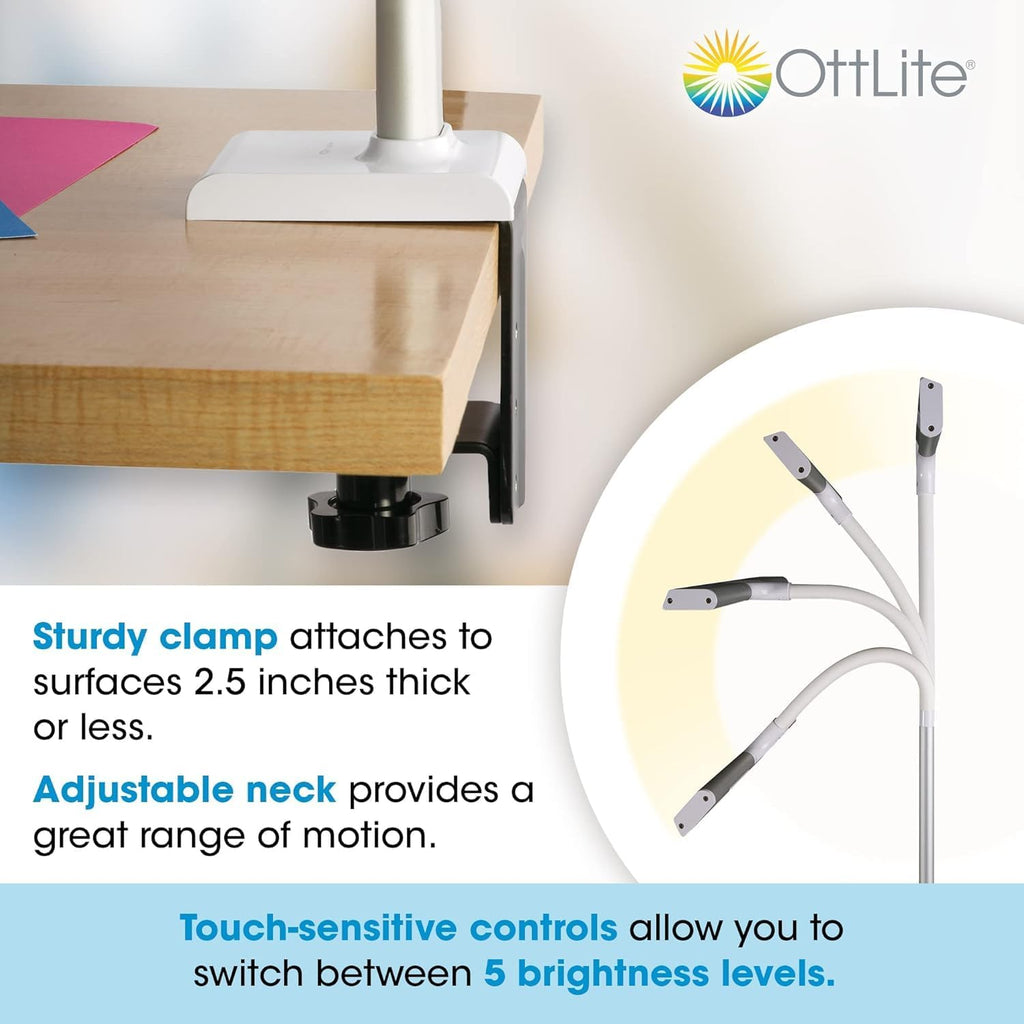 OttLite Extra Wide Area LED Clamp Lamp, Clearsun, Silver, Shipper