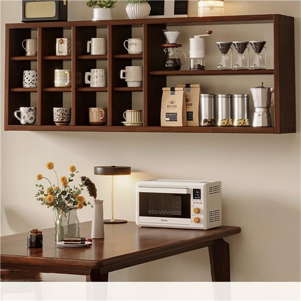 Wall Mounted Mug Rack with Wooden, Coffee Mug Display, Cup Organizer for Kitchen Cabinets, Solid Wood Wall Shelf for Mug Display, Storage and Wall Decor(Brown)