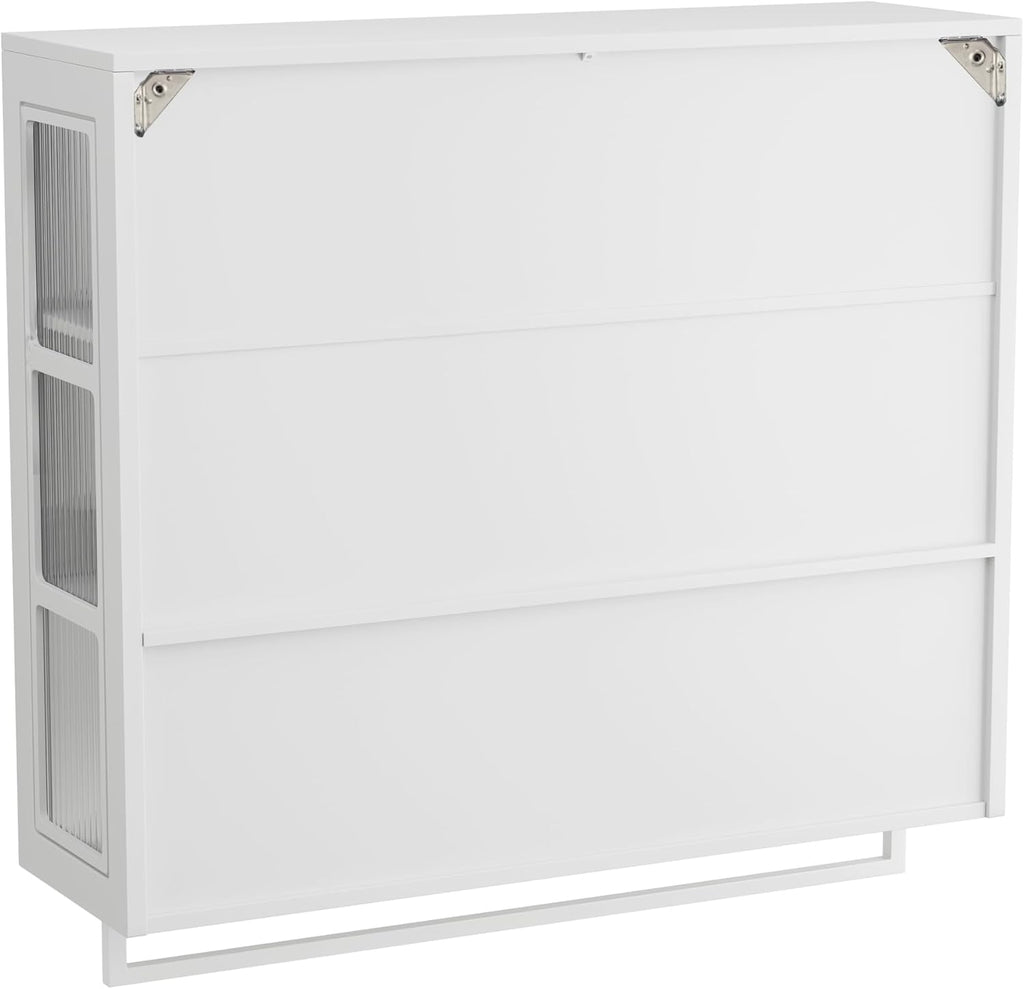 Polibi Wall Cabinet with Fluted Glass, Modern Wall-Mounted Storage with Towel Bar, Removable Shelves, Minimalist Design for Entryway Living Room Bathroom Dining Room, Easy Assembly, White