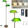 FIRVRE Bankers Floor Lamp for Living Room, Vintage Floor Lamp with Foot Switch,Remote Control Standing Lamp with Glass Lampshade, Antique Green Floor Lamp for Bedroom Office Kid Room