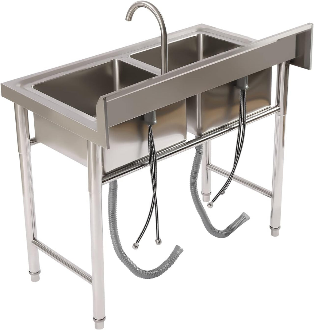 Stainless Steel Sink 2 Compartment Commercial Utility Sink Free Standing Kitchen Sinks with Cold and Hot Water Faucets for Kitchens, Garage, Laundry Room (39.4'W× 23.6'D× 37.4'H)