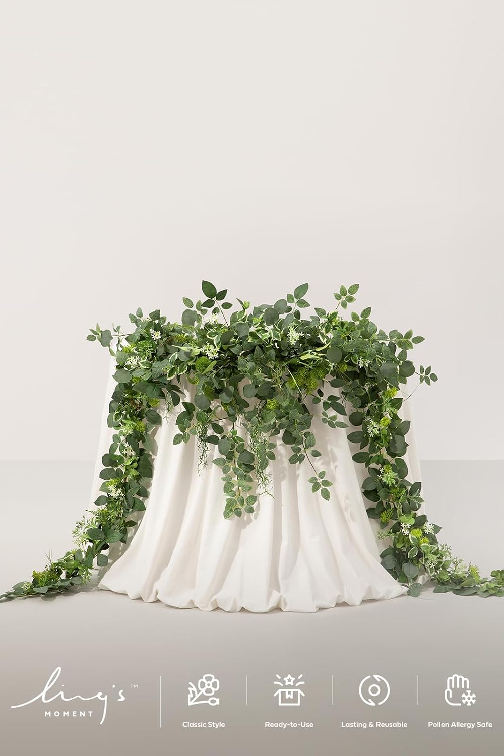 Ling's Moment 9FT Flower Garland for Backdrop Decorations - Wedding Arch Flowers, Eucalyptus & Rose, Artificial Floral Garland for Mantle - Sweetheart Table Decor for Beach Reception, Green