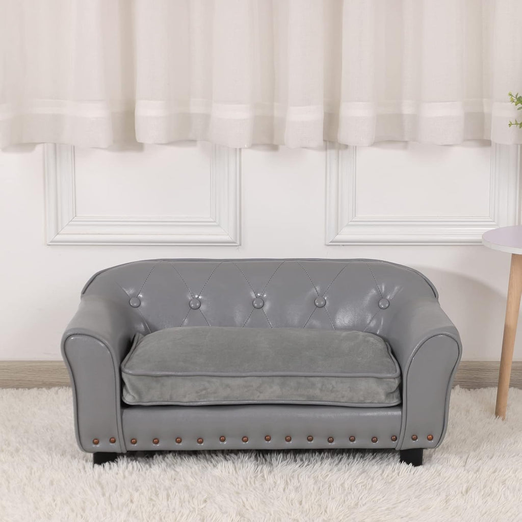 Dog Couch,Puppy Bed,Cat Sofa,Cat Couch,Pet Sofa,Dog Chair,Small Pet Bed,with Copper Nail and Wooden Frame, Leather Fabric and Cushion,for Small Animals Using (Grey)