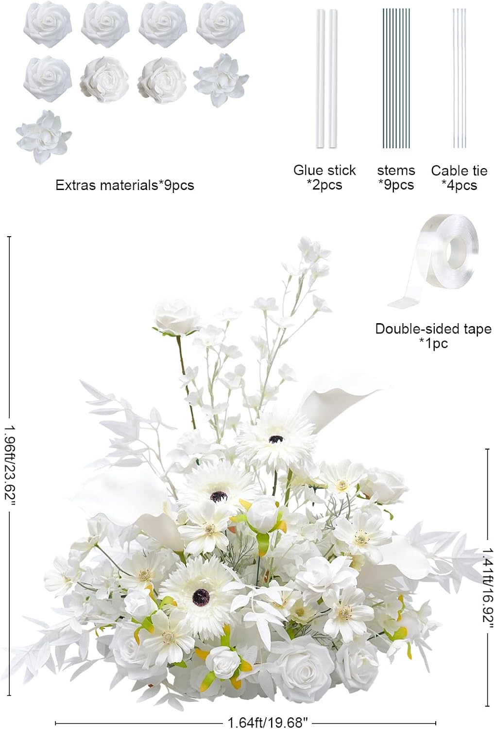 2pcs Free Standing Flowers Ball Bouquet Artificial Rose Floral Arrangements for Wedding Centerpieces Tables Aisle (19'' New White)