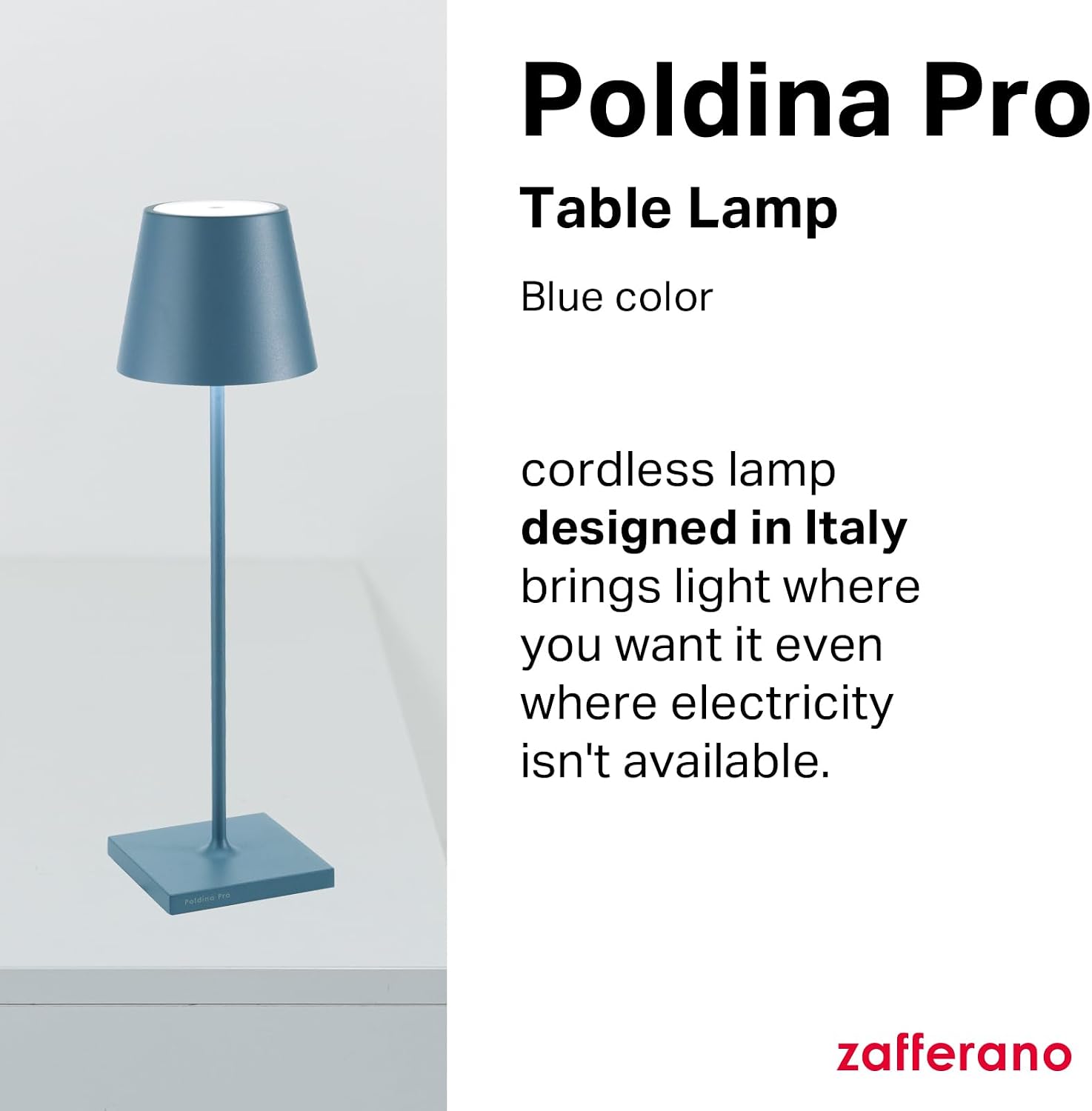 Zafferano, Poldina Pro Lamp, Rechargeable Cordless Table Lamp with Touch Controls, Suitable for Indoor and Outdoor, Dimmer, 2200-3000 K, Height 14.9 Inches, Avio Blue Color