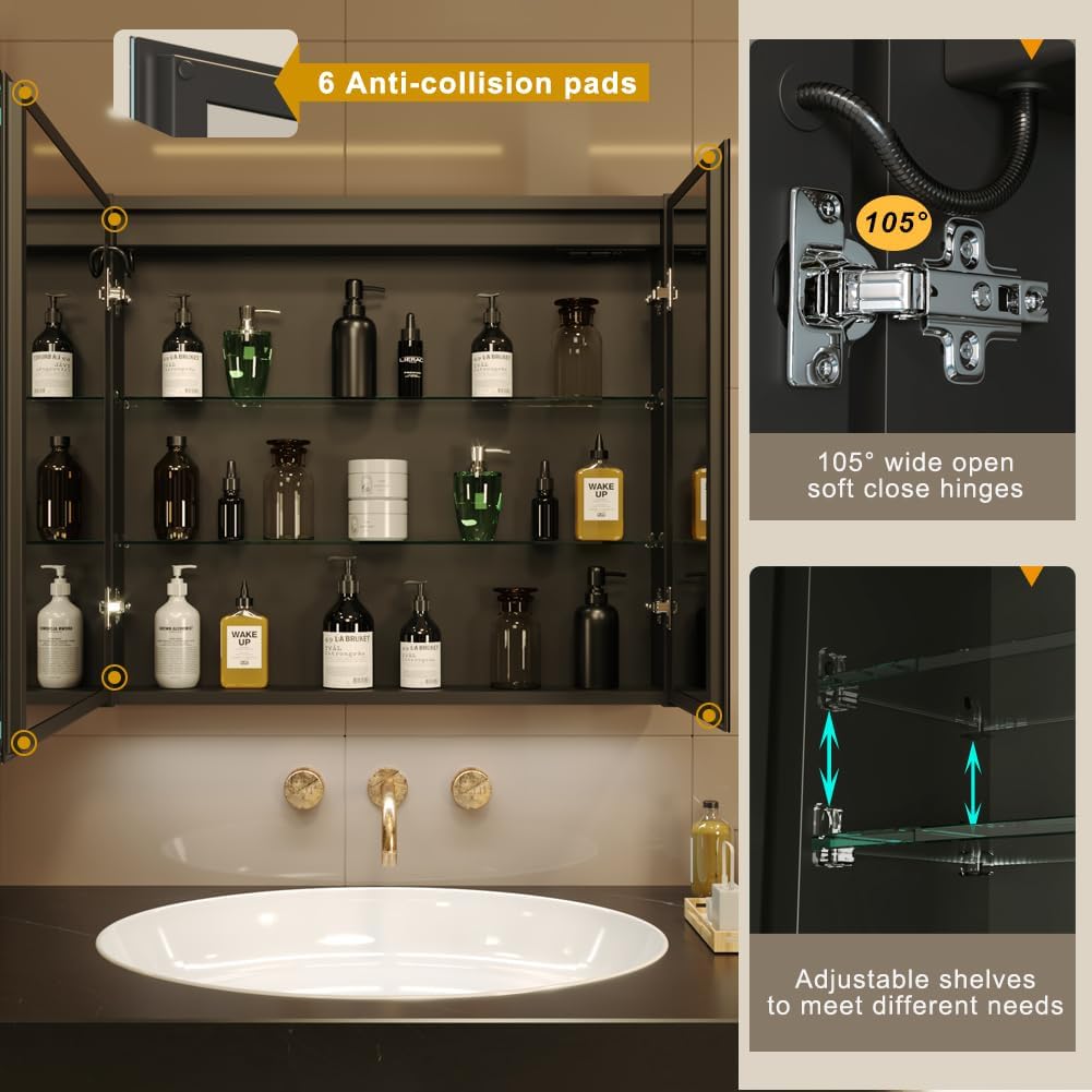 KWW LED Lighted Bathroom Medicine Cabinet with Sockets & USBs, Defogger, Dimmable, 3 Color Light Makeup Mirror, Easy to Install, Wall Mounted Cabinet (2 Door-30 * 28)