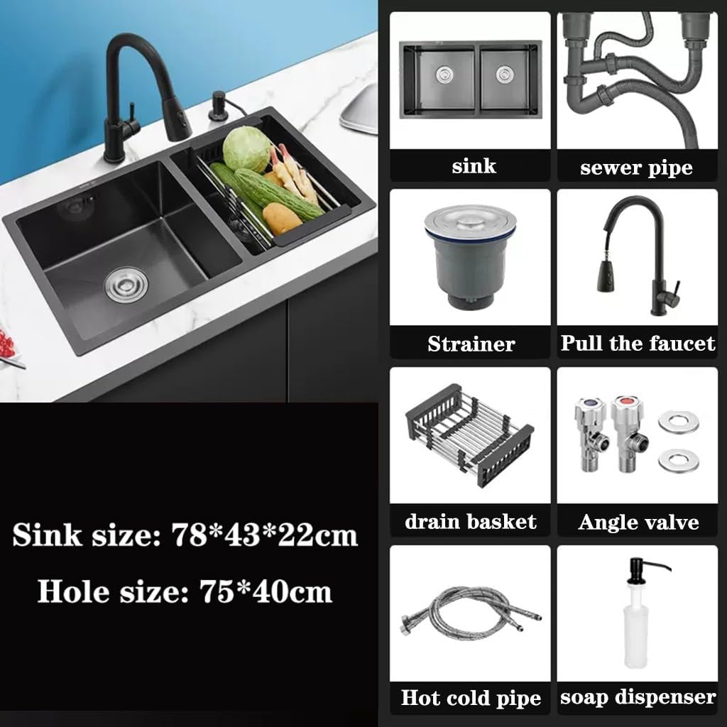 Kitchen Sinks, Single Bowl Embedded Siphon Sink Stainless Steel Kitchen Sink Large Capacity Double Bowl Sink Multifunctional Vegetable Sink (78 * 43 * 22Cm
