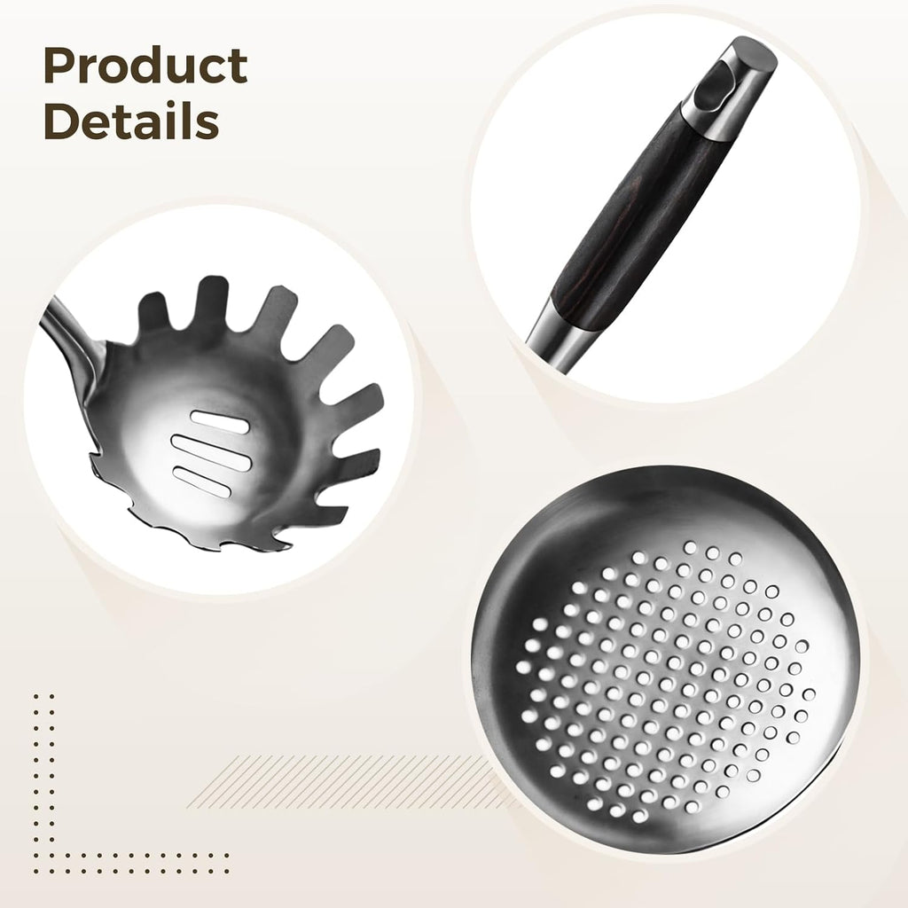 6-Piece Kitchen Utensil Set, Stainless Steel with Black Ebony Wood Handles, Nonstick, for All Cooking Surfaces