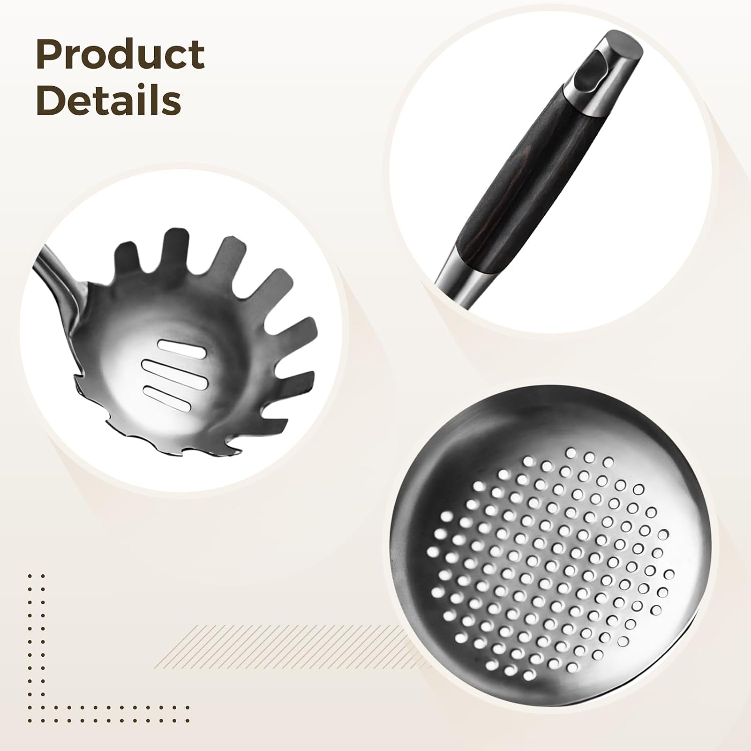 6-Piece Kitchen Utensil Set, Stainless Steel with Black Ebony Wood Handles, Nonstick, for All Cooking Surfaces