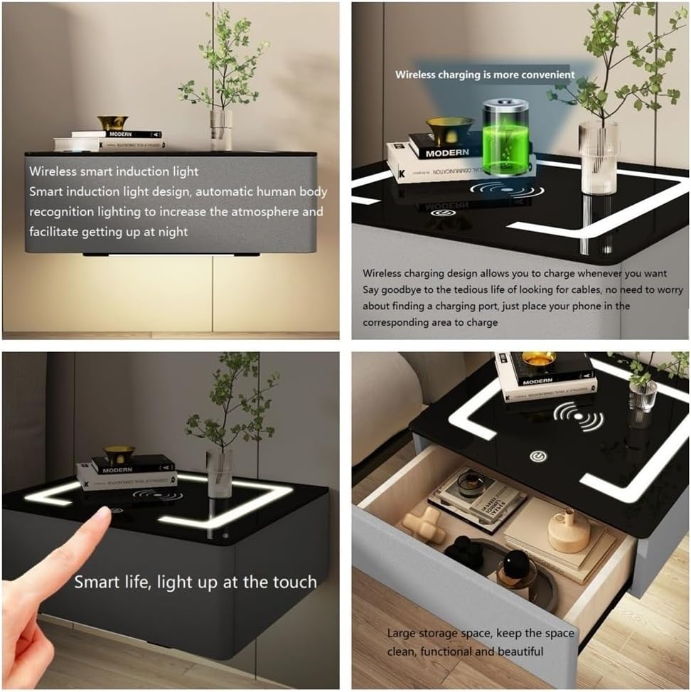 Floating Nightstand with Drawer, Bedside Shelf Wall Mounted Nightstand, Bedside Table with Wireless Charging and Smart Light, Side Table for Bedroom Modern Decor(Dark Gray,48cm/18.9in)