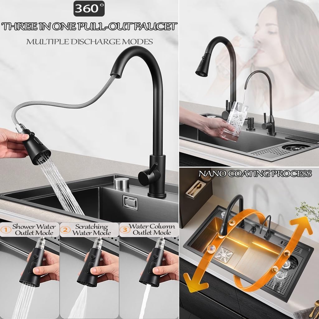 Stepped Stainless Steel Kitchen Sink with Pull-Out Faucet Black Nano Household Sink Multi-functional Single Bowl Sink with Cup Washer Soap Dispenser Knife Holder Box Knob Drainage Component (Black