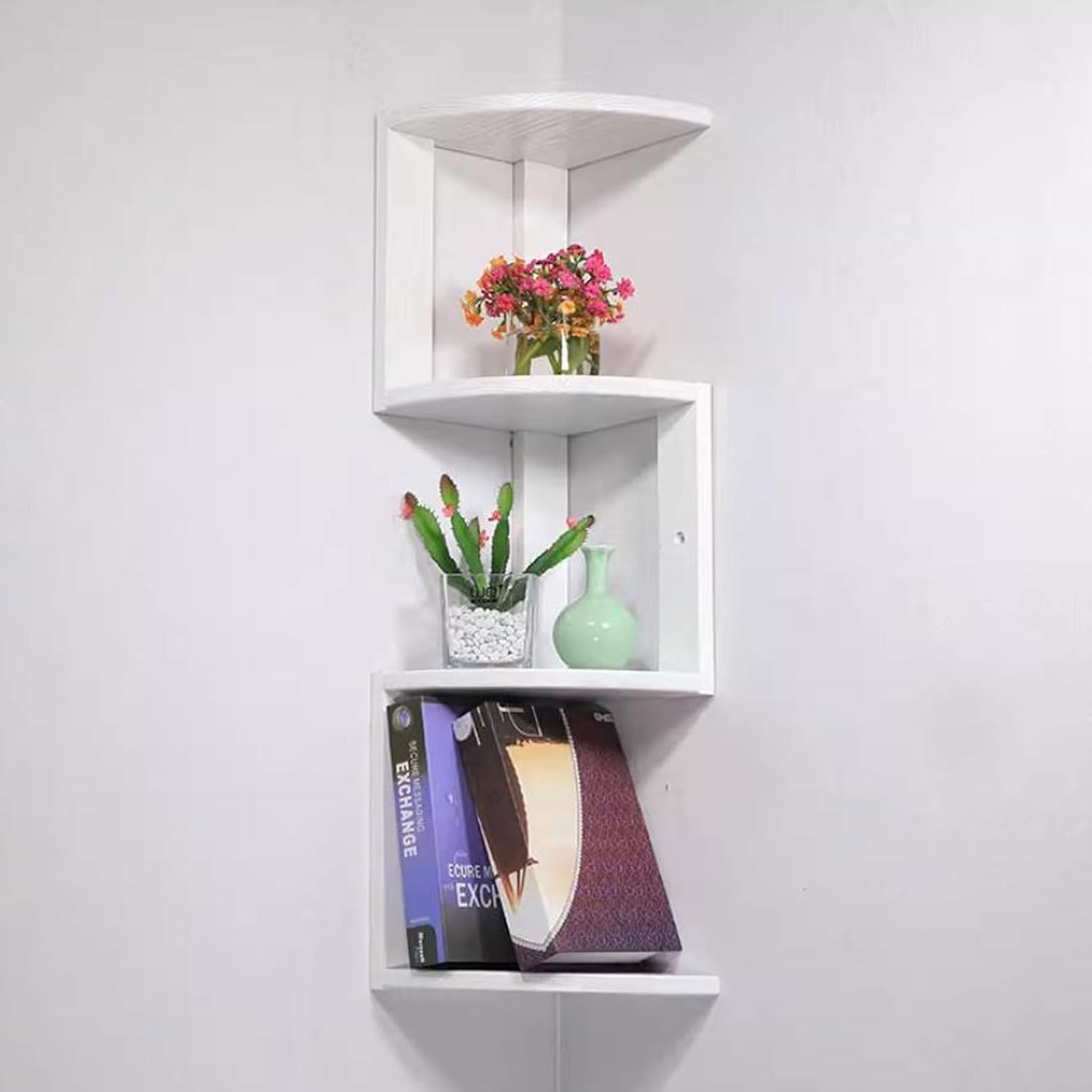 Wall Shelf Floating Corner Shelves for Wall Decor Storage, Solid Wood Wall Storage Shelves Rack 3 Tiers, Wall Mounted Wood Shelves for Home Decor, Bedroom, Living Room, B(White-Small)