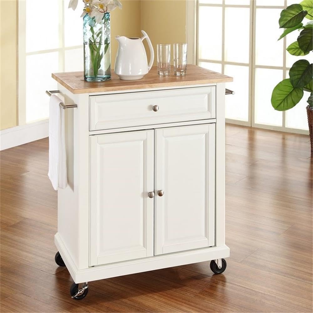 Pemberly Row Traditional Wood Kitchen Cart, 1-Drawer, 2-Door, White and Natural Finish, 35.5' H x 28.25' W x 18' D, Adjustable Shelf, Storage Drawer, Towel Bars, Brushed Nickel Hardware