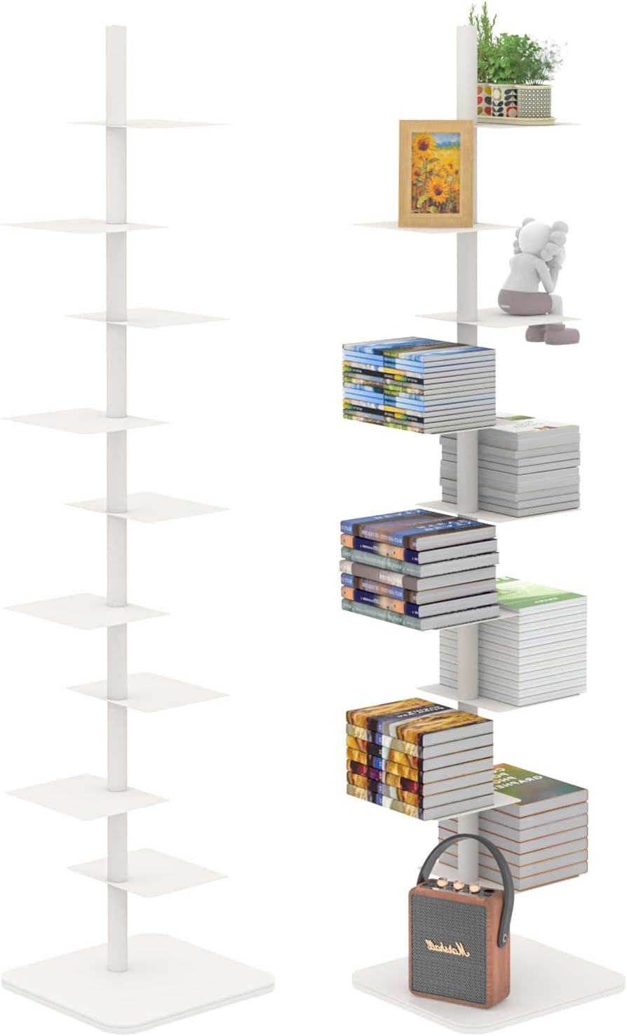Choowin 9-Shelf Metal Spine Bookshelf Vertical Bookshelf, Adjustable Modern Floating Narrow Tree Book Shelf Book Tower, Display Shelf for Bedroom Living Room Office, 70 inch Tall, White