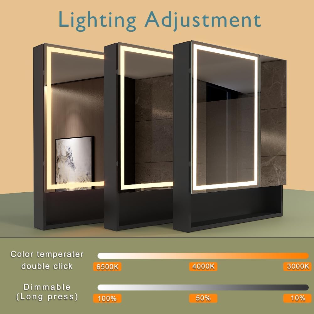 KWW LED Lighted Bathroom Medicine Cabinet with Sockets & USBs, Defogger, Dimmable, 3 Color Light Makeup Mirror, Easy to Install, Wall Mounted Cabinet (2 door-30 * 34)