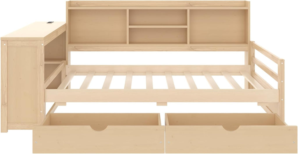 Bellemave Twin Corner Bed Frame with Desk and Storage Shelves,Charging Port, Wood Twin Size Daybed with Bookcase and Drawers, Natural Color