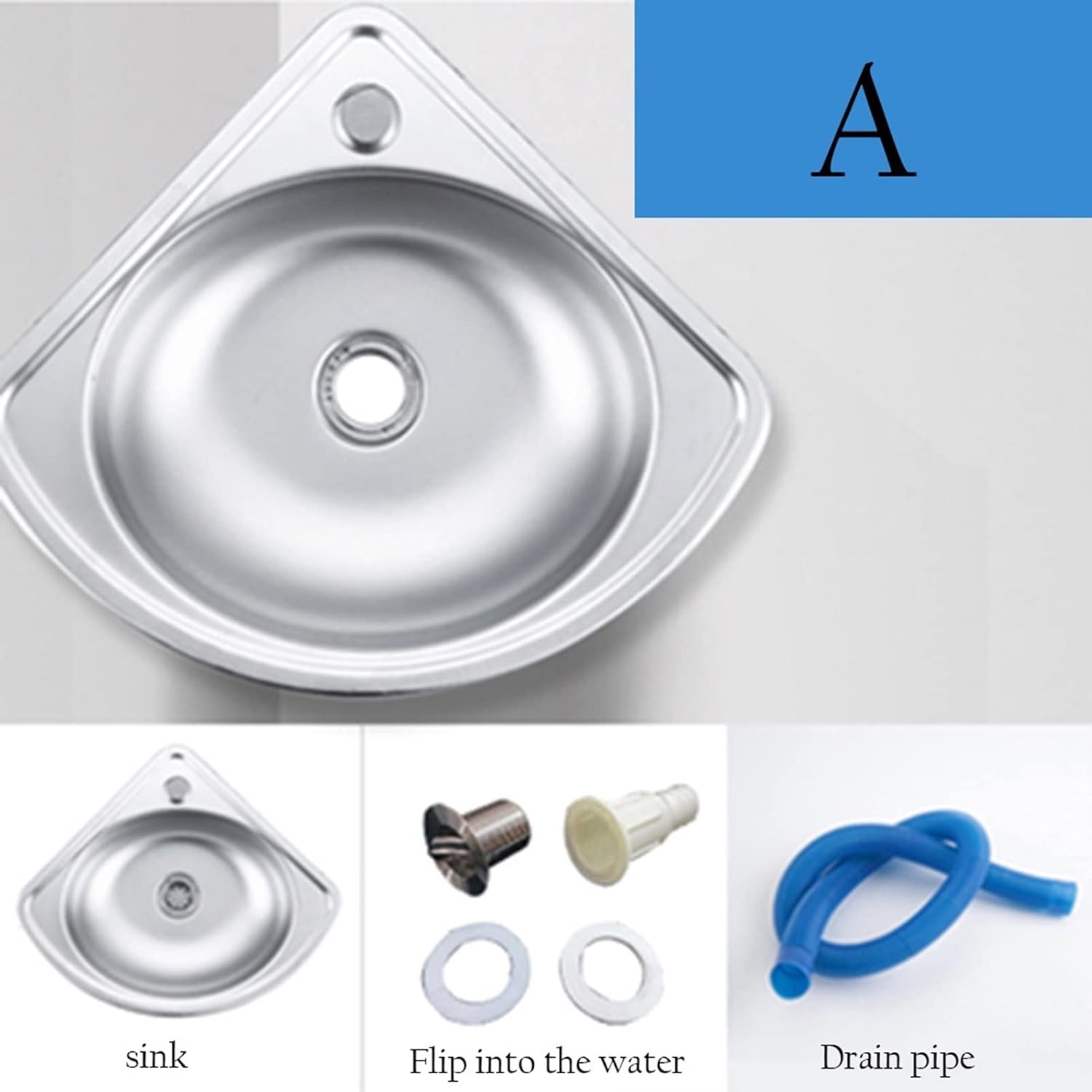 Single Bowl Sink Stainless Steel Triangle Wash Basin, Wall-Mounted Corner Sink Thick Wash Basin for RV, Campervan (Color : Silver, Size : B4(34x34cm)) (Silver A(34x34cm))