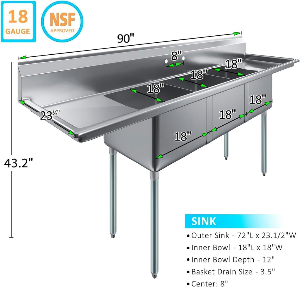 Three Compartment Stainless Steel Commercial Kitchen Prep & Utility Sink | Bowl Size 18' x 18' X 12' | NSF Certified (Left and Right Drainboards)