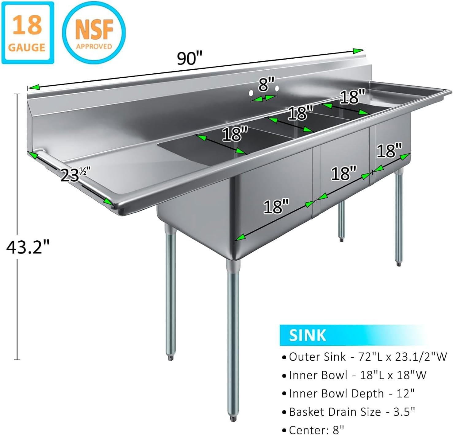 Three Compartment Stainless Steel Commercial Kitchen Prep & Utility Sink | Bowl Size 18' x 18' X 12' | NSF Certified (Left and Right Drainboards)