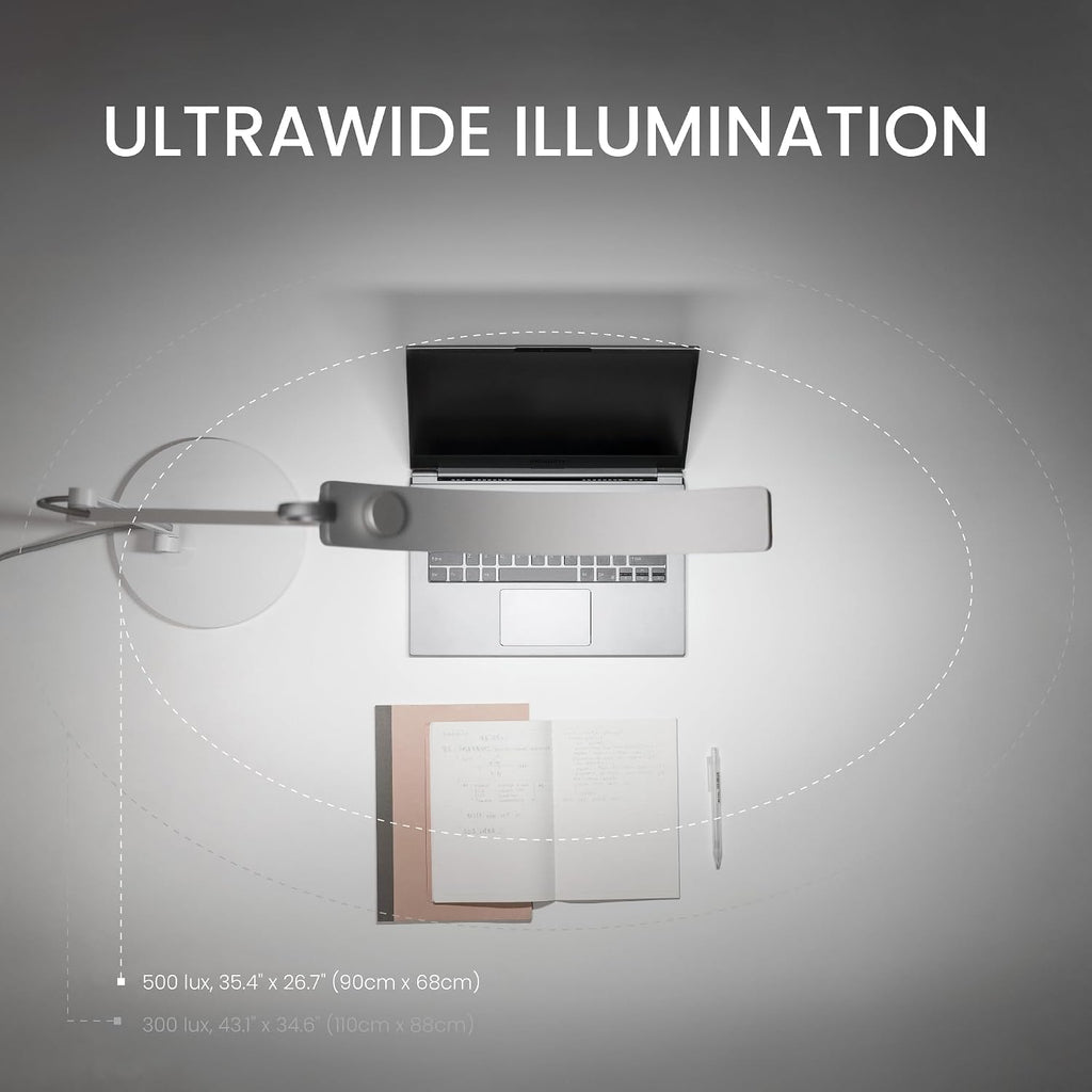 BenQ e-Reading Desk Lamp - Ultrawide and Bright Lighting, Dimmable, Dual Smart Mode, Adjustable Arm, Auto-dimming, High CRI, Eye-Caring Lamp for Home Office, Reading, Study, Craft, Matte Silver