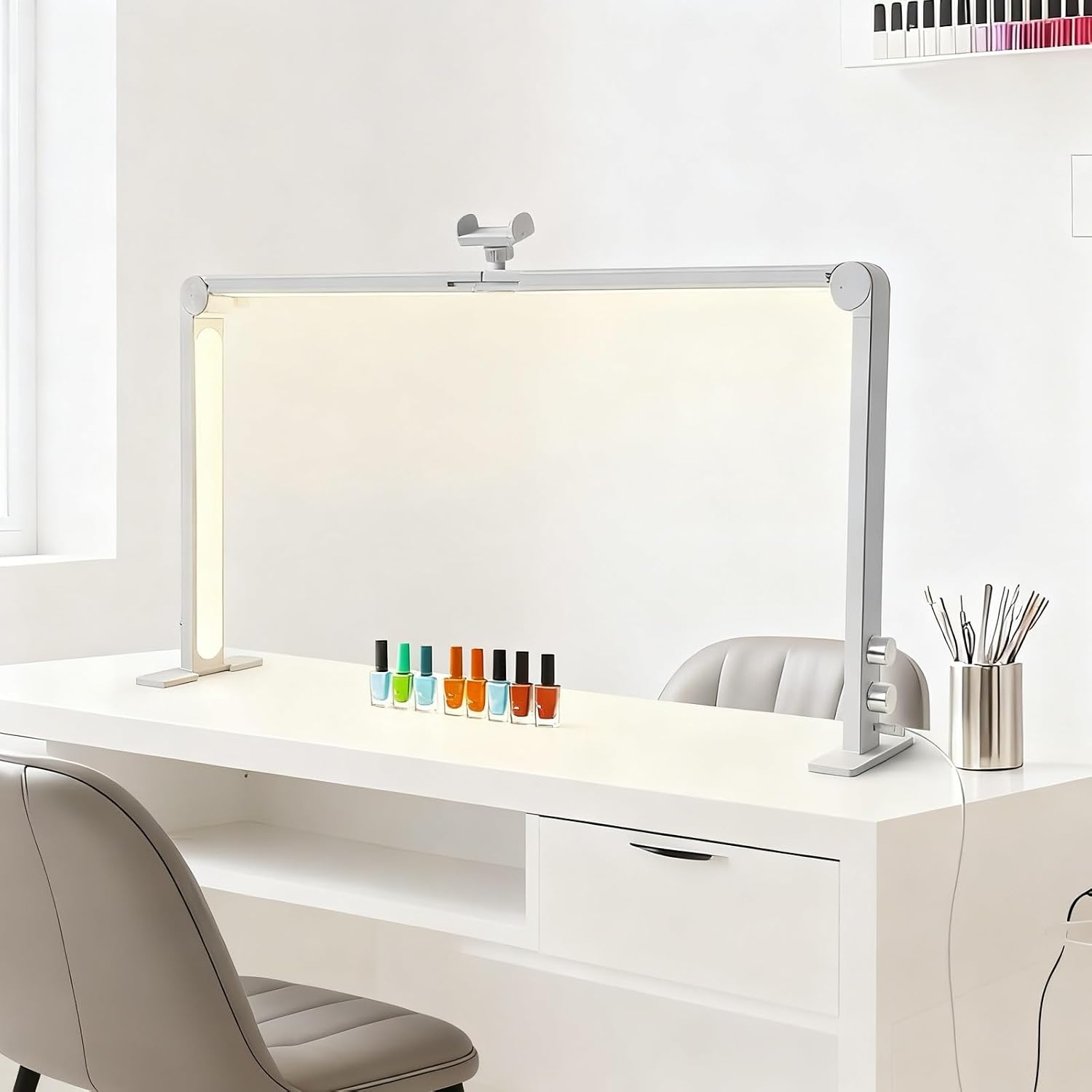 Foldable Nail Light for Desk, LED Manicure Lamp with Phone Holder, Tri-fold Lash Arc Light, 3000-6000K Color Temperature, 48W, 0-100% Adjustable Brightness, Makeup Desk lamp(White)